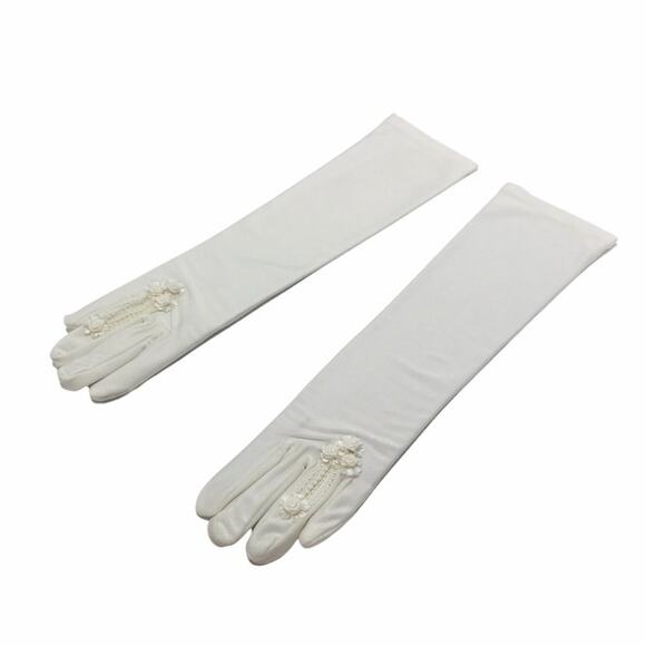 VINTAGE 14" 90s White Embroidered Floral Gloves with Open Ring Slit E19 - Picture 2 of 5